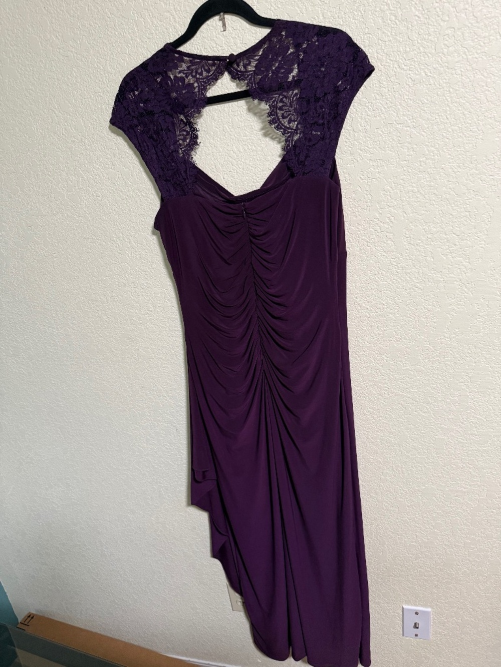 MSK Purple Illusion Keyhole Lace Faux Wrap Formal Gown
